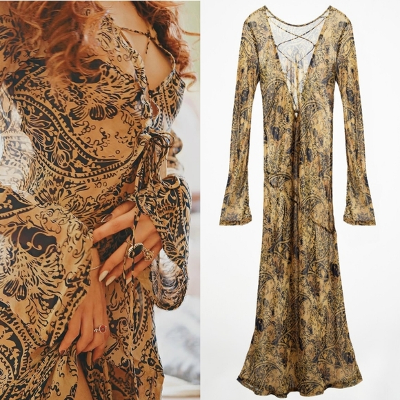 Zara Dresses & Skirts - Zara Tan Navy Sheer Fitted Maxi Dress